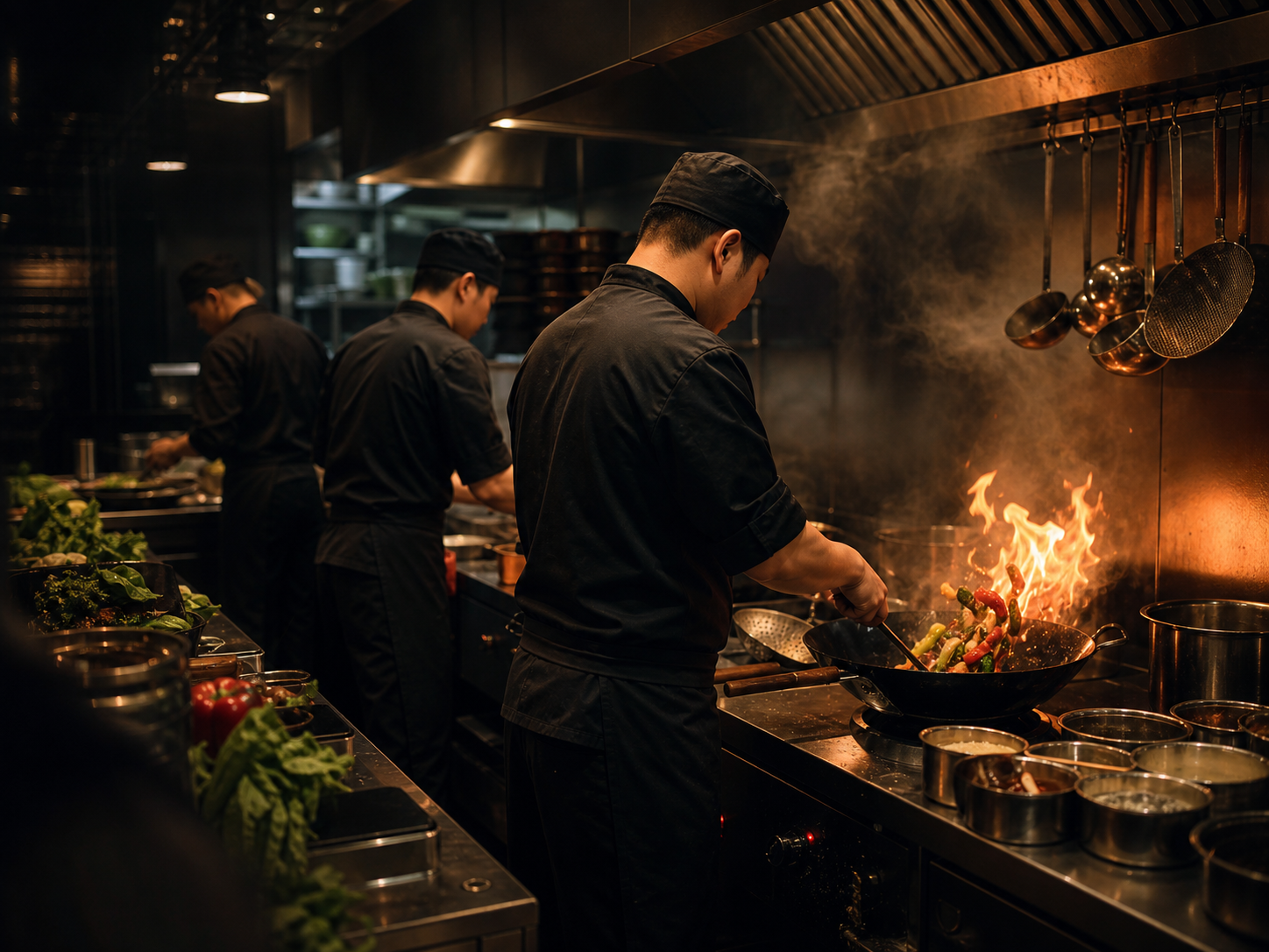 Easto kitchen team cooking over a wok