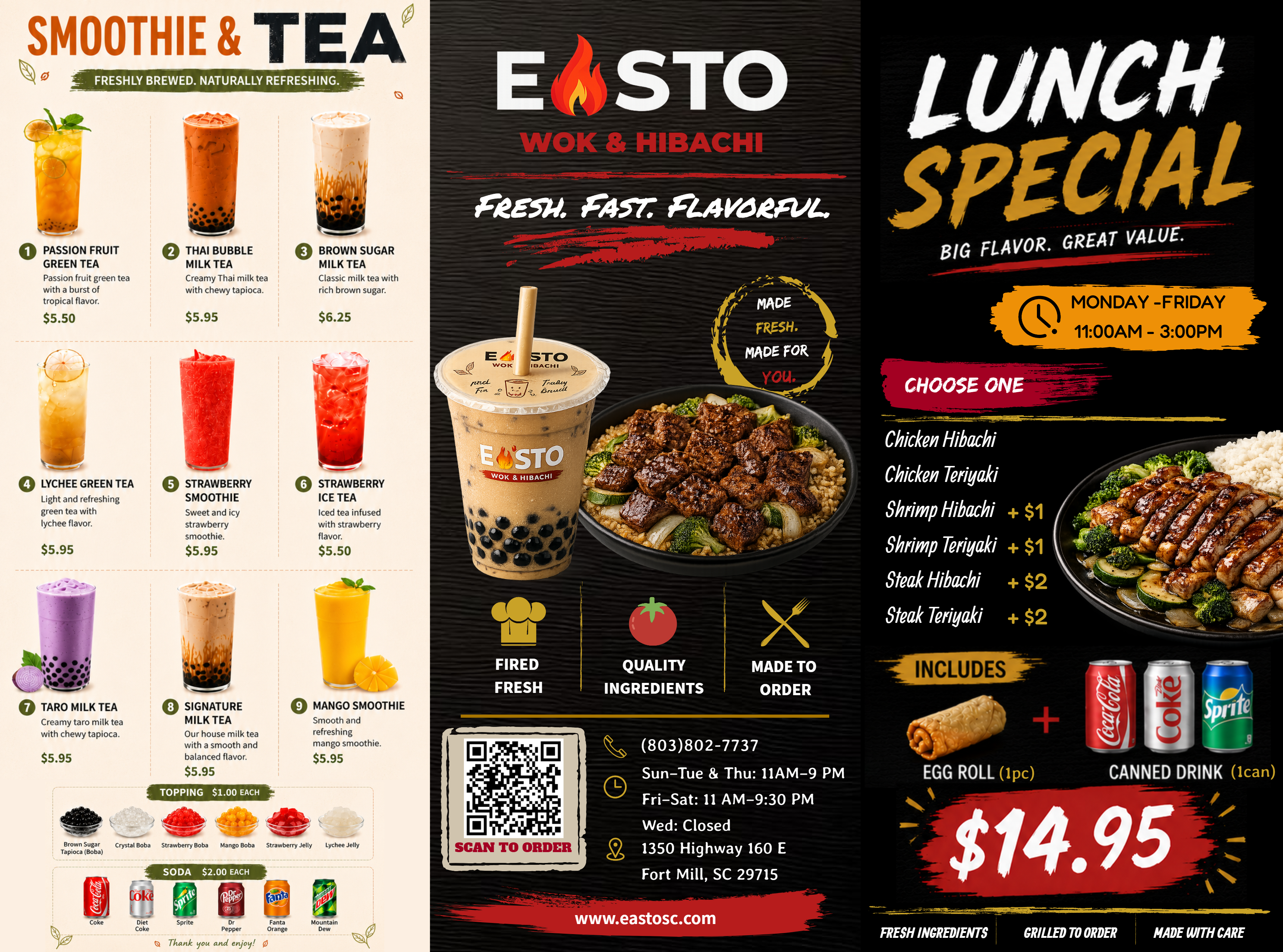Easto lunch special, smoothie and tea menu